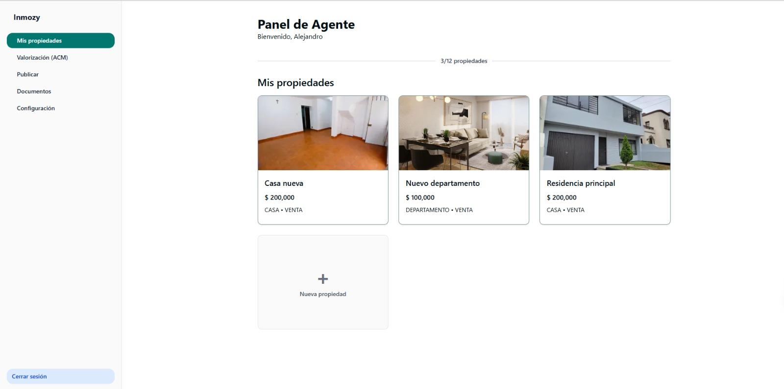 Panel de agente Inmozy